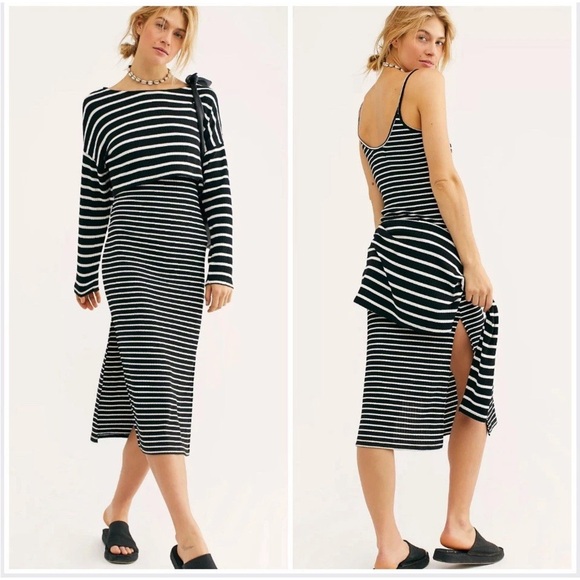Free People Dresses & Skirts - FP Beach Boho Casual Black White Stripe Zinnia Midi Tank Dress Long Sleeve Set L